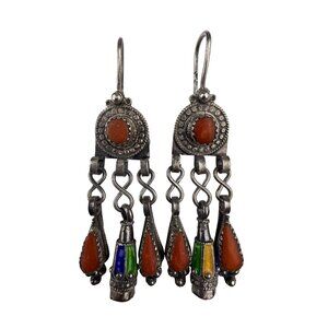 Vintage Kabyle Tribal Silver Dangle Earrings Orange Glass & Enamel